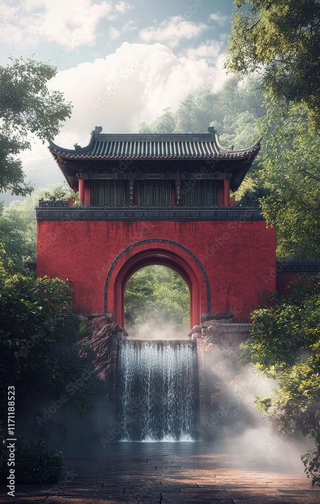 Serene Chinese Gate Waterfall Garden Landscape Architecture Serene Chinese Gate Waterfall Garden Landscape Architecture