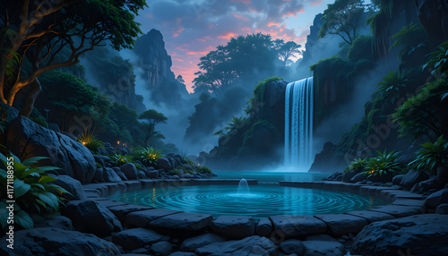 Serene jungle pool with waterfall at dusk.