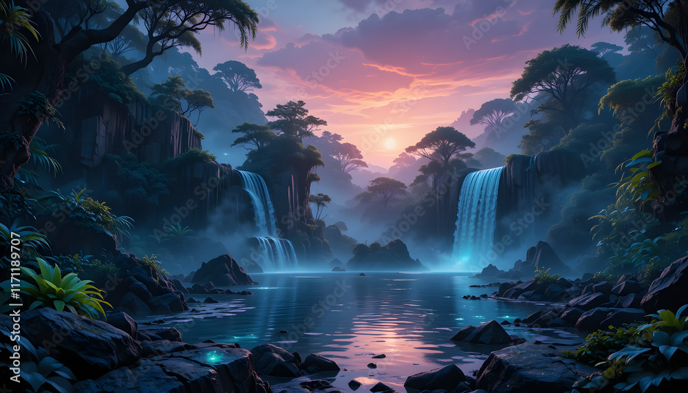 Serene sunset over lush jungle waterfalls and tranquil pool. Serene sunset over lush jungle waterfalls and tranquil pool.