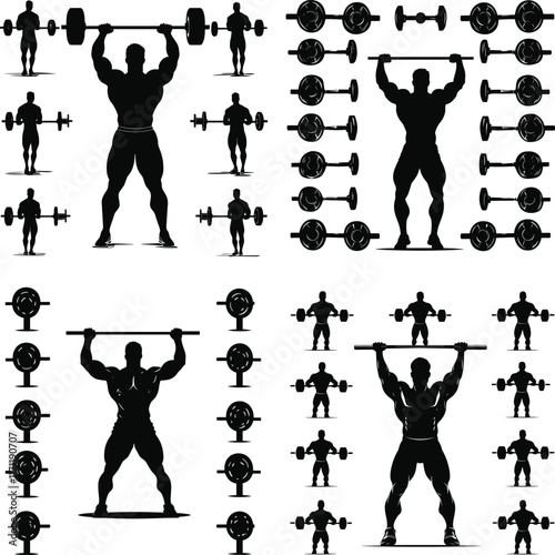 body builder man vector illustration, Strength Training Workout, Fitness Exercise Icon, gym icon set, 