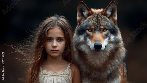 The little girl and the wolf ,gentle wind blow the little girl hair and the wolf