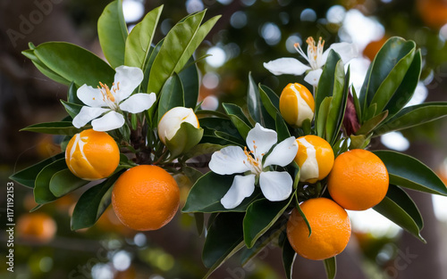 Calamondine blooms with rain drops in garden, closeup. Calamondin flowers and fruits in rainy day. Citrus microcarpa, Citrofortunella microcarpa, Citrofortunella mitis tree.
 photo