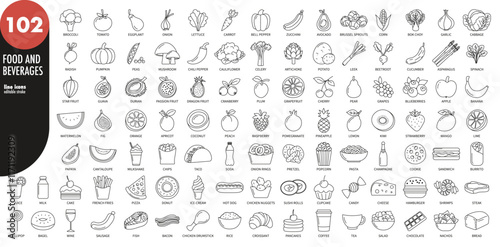 Food and beverages editable stroke thin line icons big set. Fruits, vegetables, fast food, pastry, sweets, meat, drinks, diary, meal, vector illustration