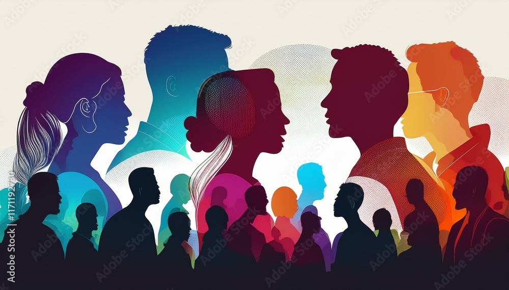 Talking crowd. Dialogue between people. Colored silhouette profiles. People talking. 