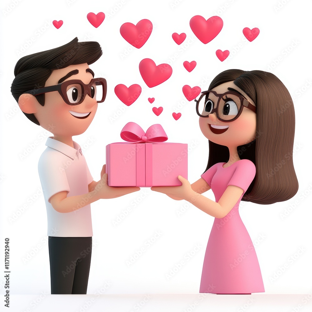 Happy Valentine’s Day greeting card with lovely couple and gift box. Happy Valentine’s Day greeting card with lovely couple and gift box.