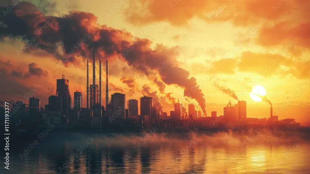 Fototapeta premium Apocalyptic Sunset: Industrial Pollution at Dawn