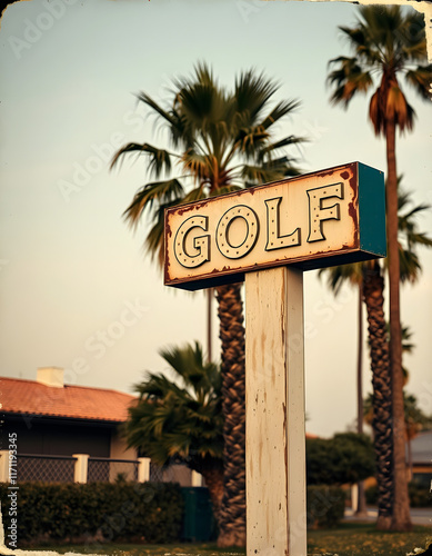 aged and worn vintage photo of golf sign and palm trees, dinamic scene, with white tones