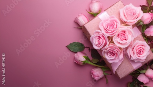 Wallpaper Mural roses and gift box with bow with space for text - birthday card template, march 8, mother's day and february 14 Torontodigital.ca