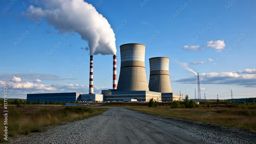 Power plant with smokestacks and clear blue sky in rural setting during daytime Power plant with smokestacks and clear blue sky in rural setting during daytime