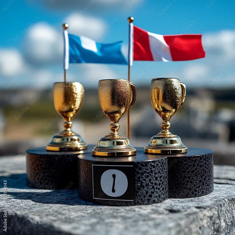 Golden Trophies and Flags on a Winners Podium
