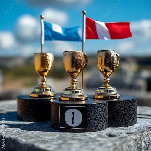 Obraz na płótnie Golden Trophies and Flags on a Winners Podium w salonie