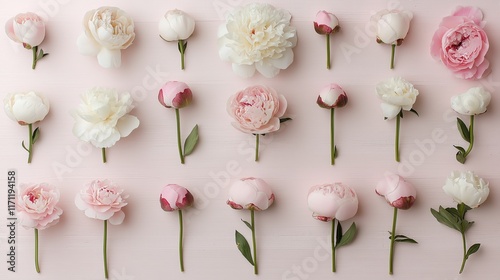 Fototapeta Naklejka Na Ścianę i Meble -  Delicate Pink and White Peonies Arranged on a Pastel Wooden Background – Elegant Floral Flat Lay