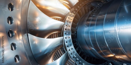 Close-up view of a jet engine turbine showcasing intricate metalwork and engineering design.