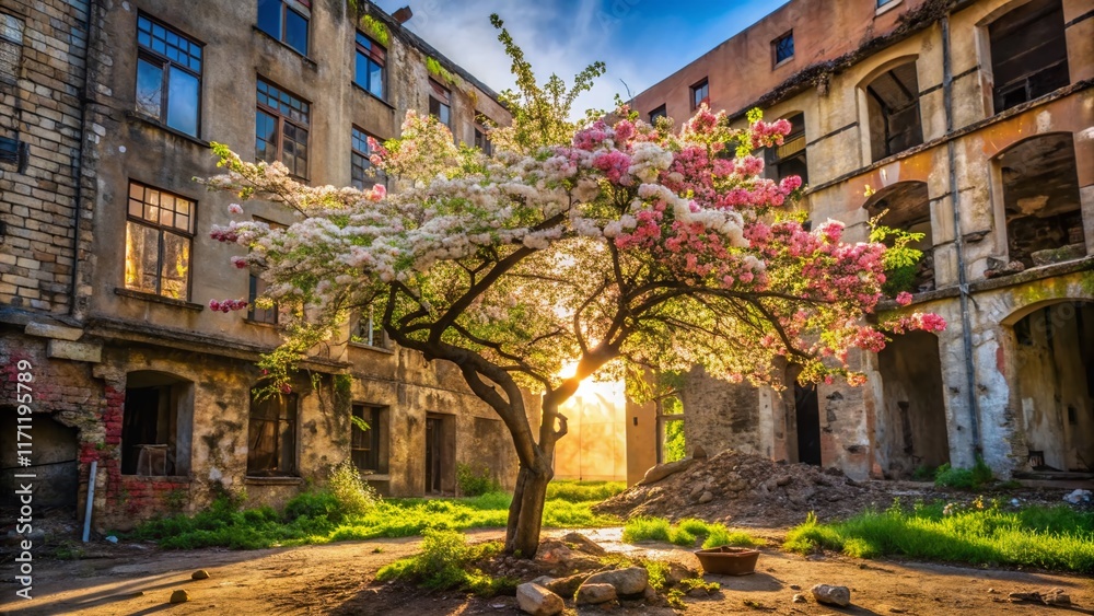 Fototapeta premium Urban Spring Blossom: Abandoned Building & Apple Tree in Bloom