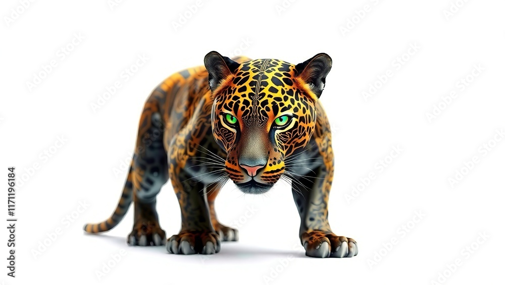 Fototapeta premium A Majestic Jaguar Stands Alert Against White Background
