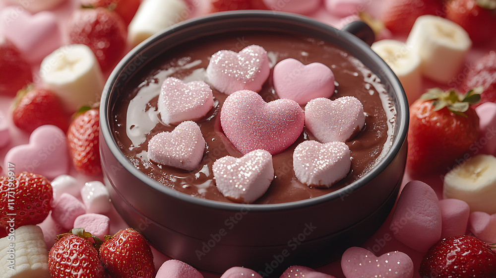 A chocolate fondue pot surrounded by heart-shaped marshmallows