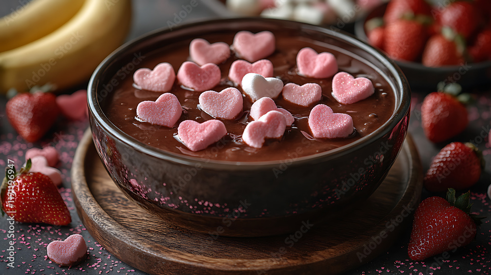 A chocolate fondue pot surrounded by heart-shaped marshmallows