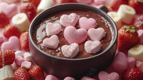 Obraz na płótnie A chocolate fondue pot surrounded by heart-shaped marshmallows w salonie
