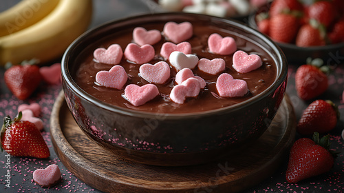 Obraz na płótnie A chocolate fondue pot surrounded by heart-shaped marshmallows w salonie