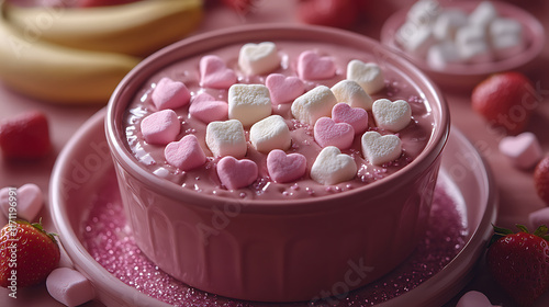 A chocolate fondue pot surrounded by heart-shaped marshmallows