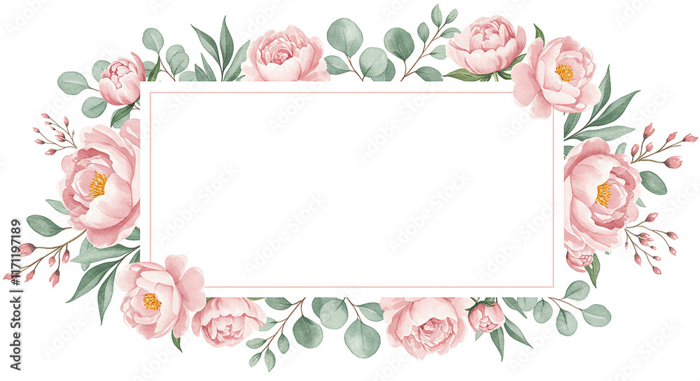 Elegant Pink Peonies Eucalyptus Floral Frame Border Elegant Pink Peonies Eucalyptus Floral Frame Border