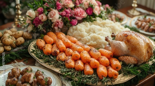 A family-style Easter meal with platters of glazed carrots, mashed potatoes, and a roasted turkey centerpiece.