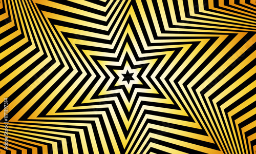 Optical illusion yellow star tunnel on black background. gradient twisted spirals. shiny illusion stars..