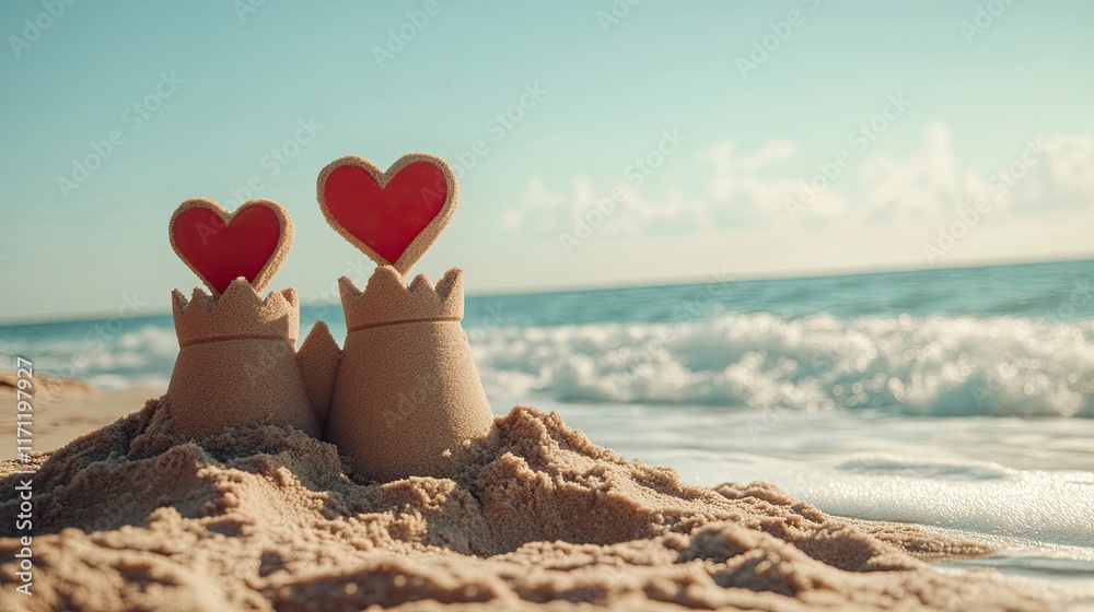 A serene day at the beach, where a couple builds a sandcastle with heart-shaped decorations and enjoys the sound of the waves. A serene day at the beach, where a couple builds a sandcastle with heart-shaped decorations and enjoys the sound of the waves.