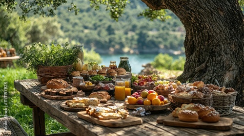 A farm-inspired Easter picnic with a wooden table, rustic serving dishes, and an assortment of baked goods and fruits under a large tree