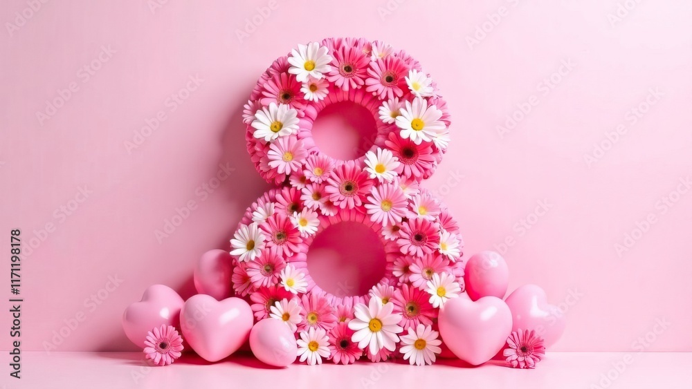 Floral number eight with pink and white daisies celebrating international women's day march 8 on a pink background with heart balloons - concept of celebration and empowerment