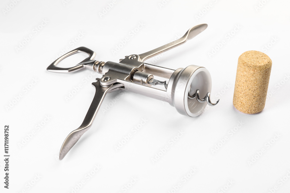 Wing corkscrew and cork on white background Wing corkscrew and cork on white background