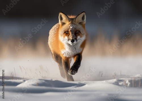 a fox running through the snow photo