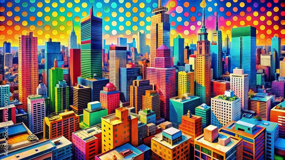 Obraz premium Vibrant Cityscape Aerial Pop Art - Bold Colors & Geometric Shapes