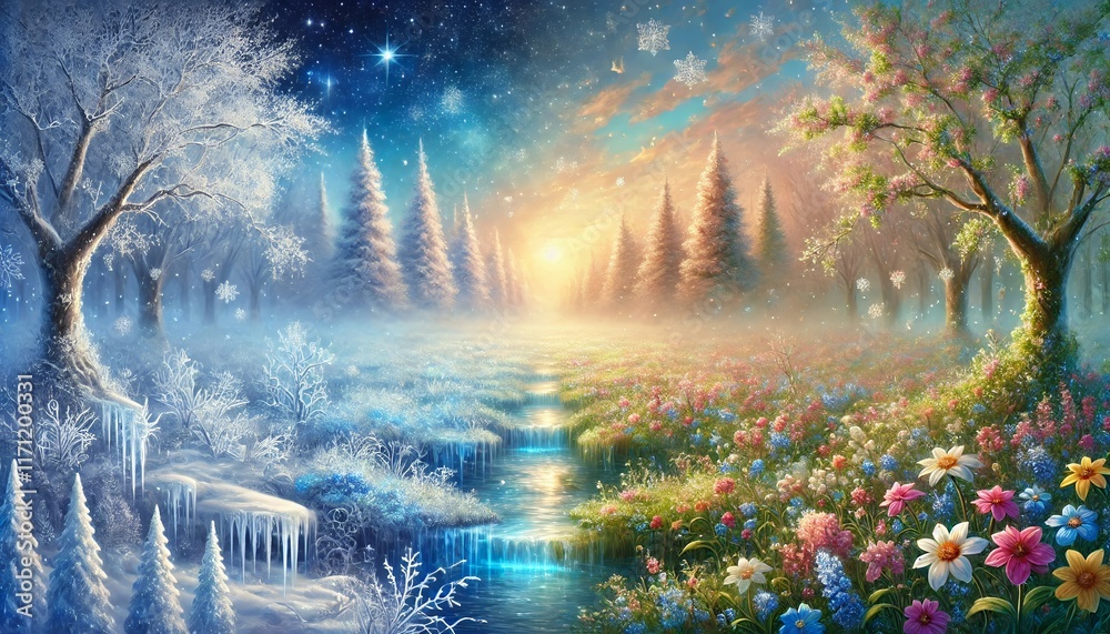 Obraz premium A Serene and Enchanting Fantasy Landscape Bridging Winter's Tranquility and Spring's Renewal