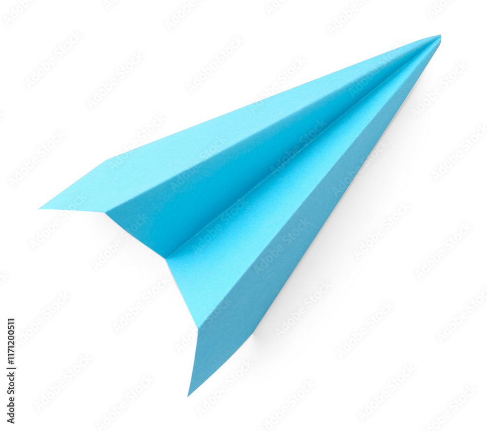 One handmade light blue paper plane isolated on white, top view One handmade light blue paper plane isolated on white, top view