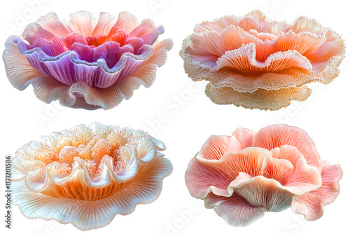 Vibrant mushroom coral Fungia displayed as a stunning set with intricate colors and textures on a transparent background photo