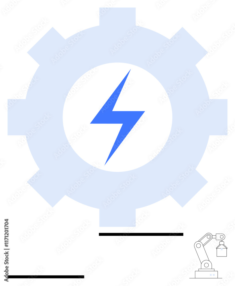 Blue lightning bolt within a gear symbolizing energy and innovation. Industrial robotic arm indicating automation, modern manufacturing, and engineering processes. Ideal for industry, energy, tech Blue lightning bolt within a gear symbolizing energy and innovation. Industrial robotic arm indicating automation, modern manufacturing, and engineering processes. Ideal for industry, energy, tech
