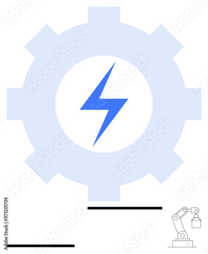 Blue lightning bolt within a gear symbolizing energy and innovation. Industrial robotic arm indicating automation, modern manufacturing, and engineering processes. Ideal for industry, energy, tech