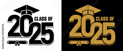 Lettering Class of 2025 for greeting, invitation card. Text for graduation design, congratulation event, T-shirt, party, high school or college graduate. Illustration, vector on transparent and black 