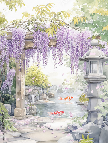 Watercolor garden scene with koi fish and wisteria