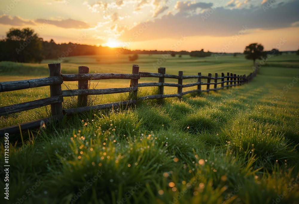 Fototapeta premium Rustic Countryside at Dawn with Dew-Covered Grass