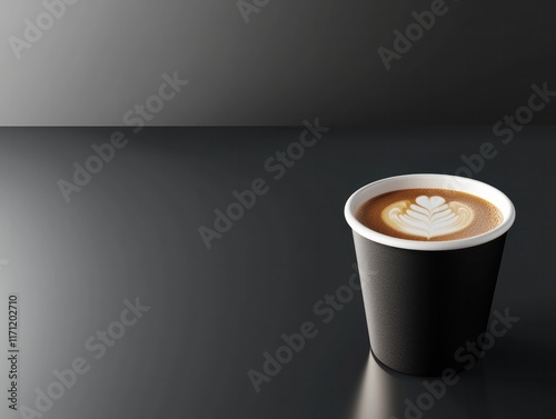 Black paper coffee cup with latte art on a reflective dark surface photo