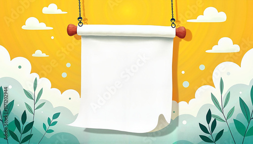 Blank scroll with nature background and colorful sky, featuring copy space for text
