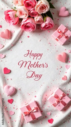 Bouquet of pink roses with gift boxes and heart decorations for a happy mother's day celebration