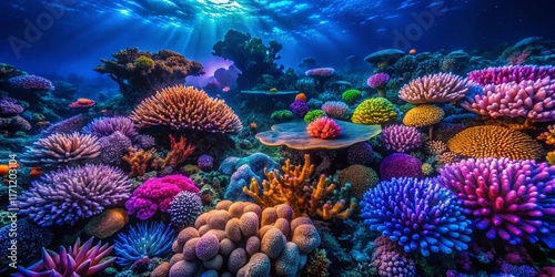 Fototapeta Naklejka Na Ścianę i Meble -  Vibrant Great Barrier Reef Coral at Night - Underwater Low Light Photography