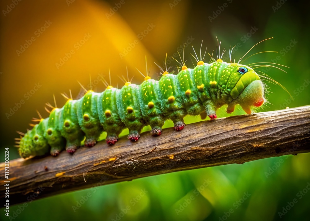 Vibrant Green Caterpillar Crawling on a Twig, Close-Up Macro Shot of Insect on Branch Vibrant Green Caterpillar Crawling on a Twig, Close-Up Macro Shot of Insect on Branch