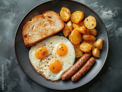 A Delicious Breakfast Plate Featuring Fried Eggs, Sausages, Golden Potatoes, and Toast Served on a Dark Plate against a Textured Background photo