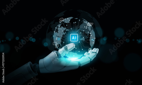 Artificial Intelligence concept. Hands of a robot holds a virtual globe with AI text chip with circuit pattern and icons, glowing bright in the dark. Ai technology.