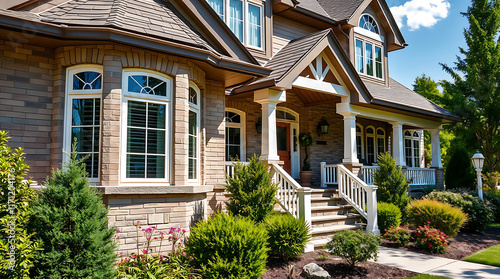 Fototapeta Naklejka Na Ścianę i Meble -  Two-Story Brick House with Porch and Landscaping