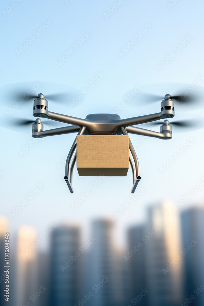 Delivery drone with the package box on city sky background. 3d convenient modern transportation concept, copy space background Delivery drone with the package box on city sky background. 3d convenient modern transportation concept, copy space background